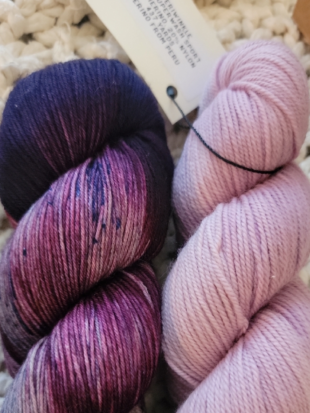 Onyx Fiber Arts Hand Dyed Yarn in Lavender and Variegated Purple-Gray - Picture 2 of 4